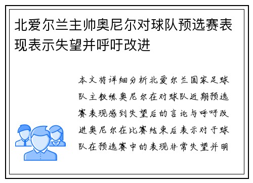 北爱尔兰主帅奥尼尔对球队预选赛表现表示失望并呼吁改进